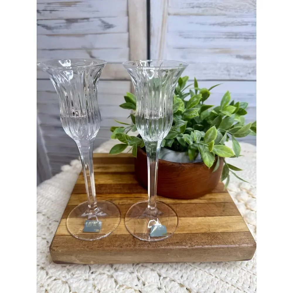 VTG MIKASA Icicles Crystal Long Stem Tulip Shaped Candlestick Holder Set of Two